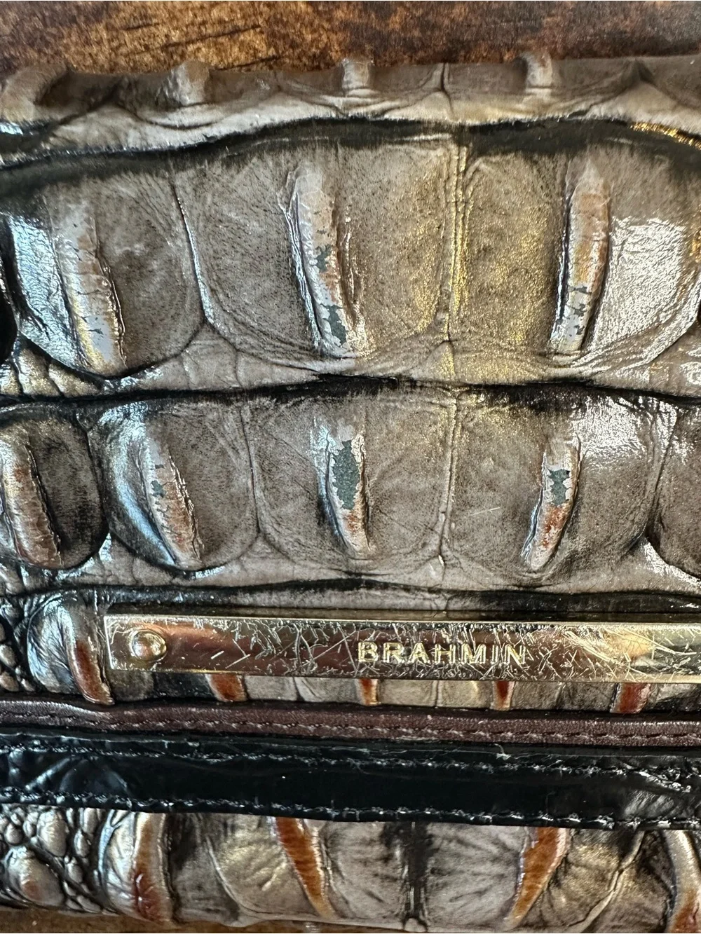 Brahmin Bronze Croc-Embossed Trifold Wallet